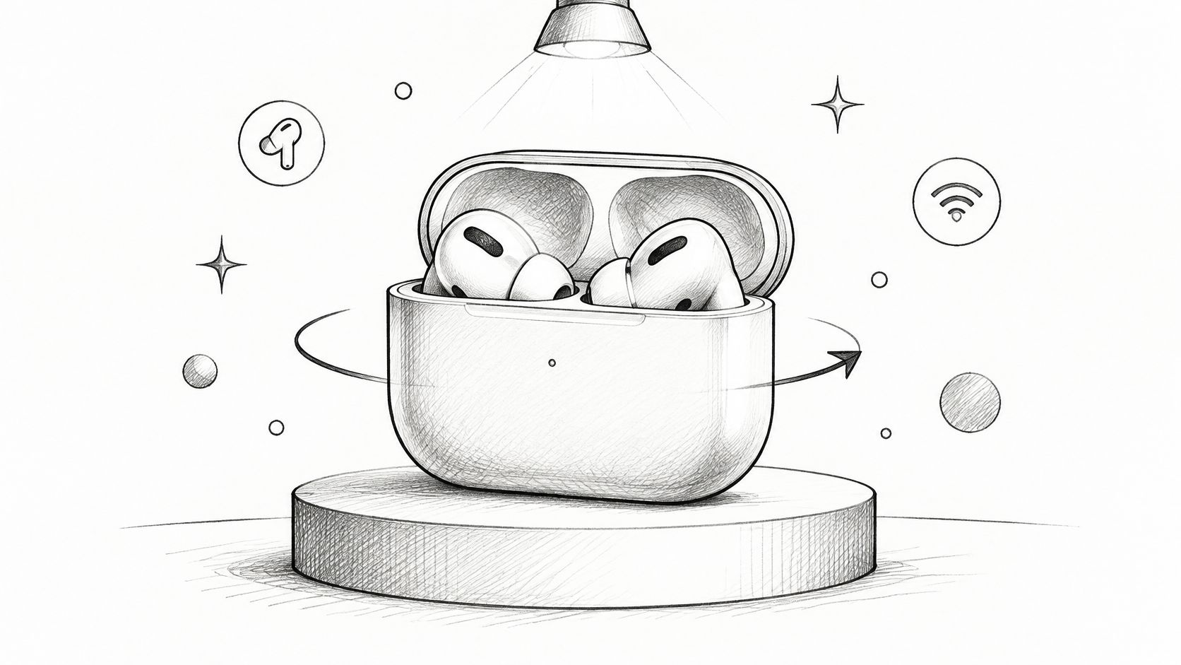A pencil sketch of wireless earbuds in their charging case, placed on a circular display stand.