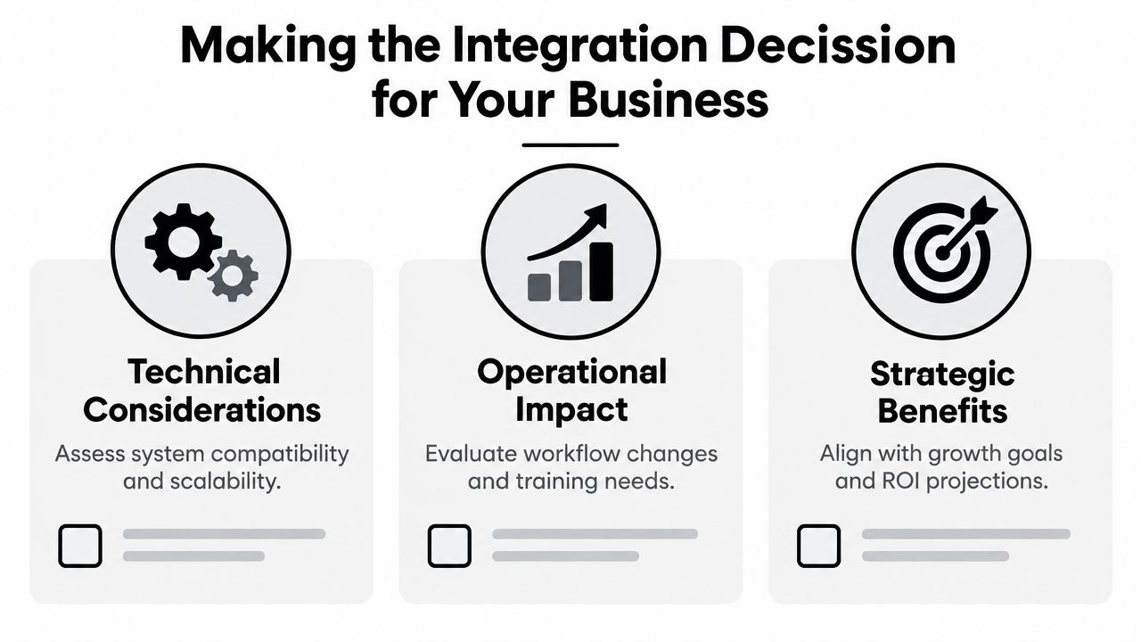A graphic illustration detailing three key factors for making a business system integration decision.
