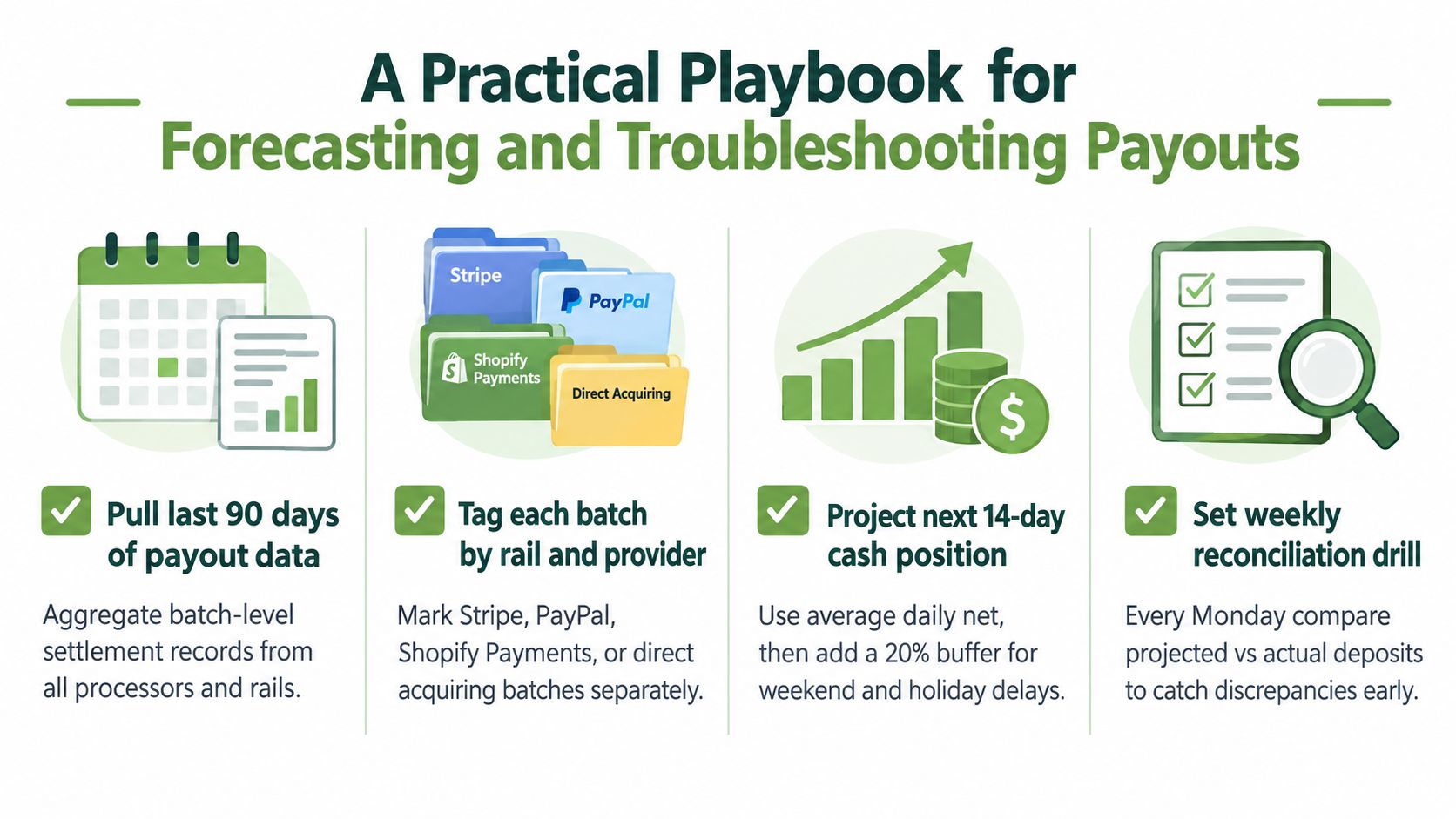 An infographic titled a practical playbook for forecasting and troubleshooting payouts with four actionable steps for businesses.