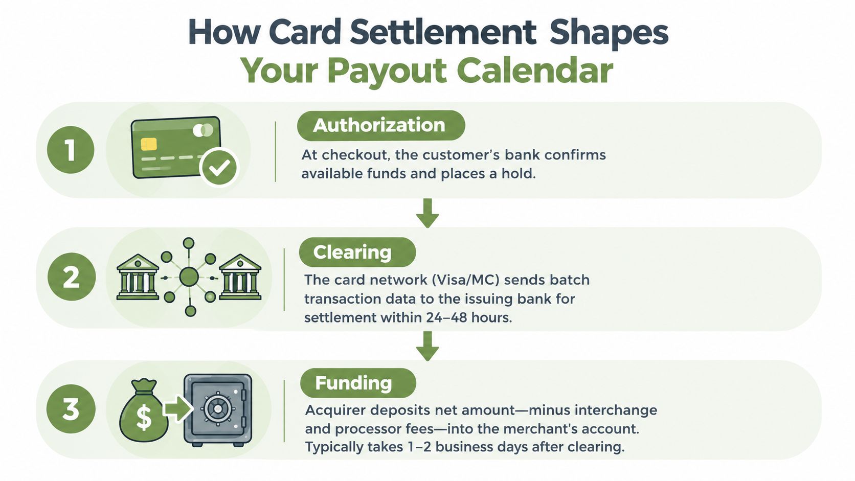 A diagram illustrating the three steps of credit card transaction settlement: authorization, clearing, and merchant funding.