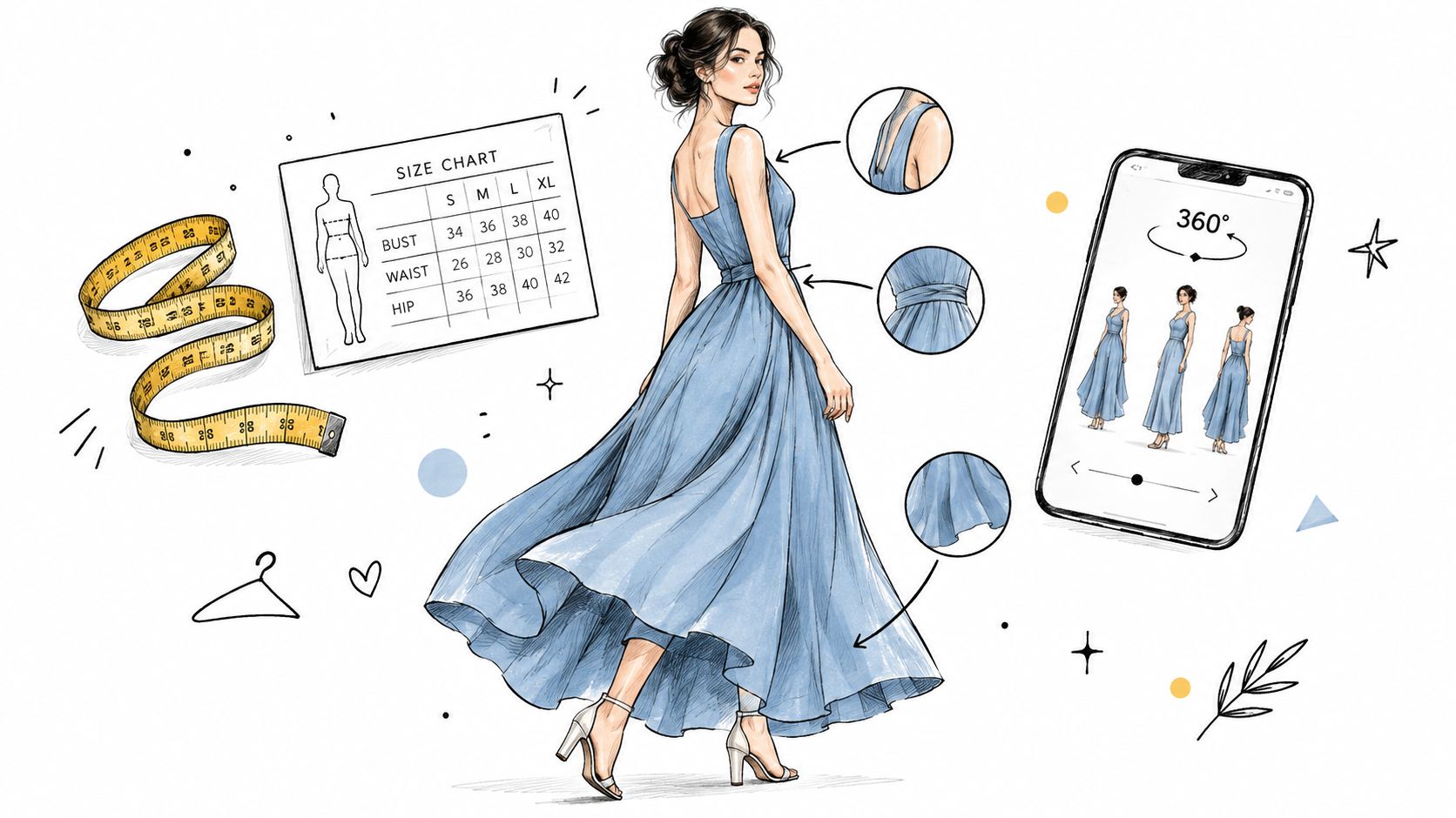 A fashion illustration showing a dress, size chart, measuring tape, and a 360-degree view on a smartphone.