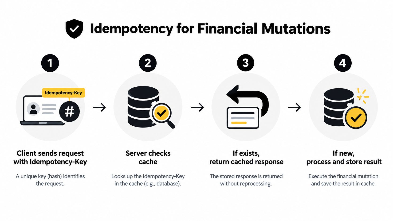 A diagram illustrating the four-step workflow of idempotency for secure financial mutations in API communication.