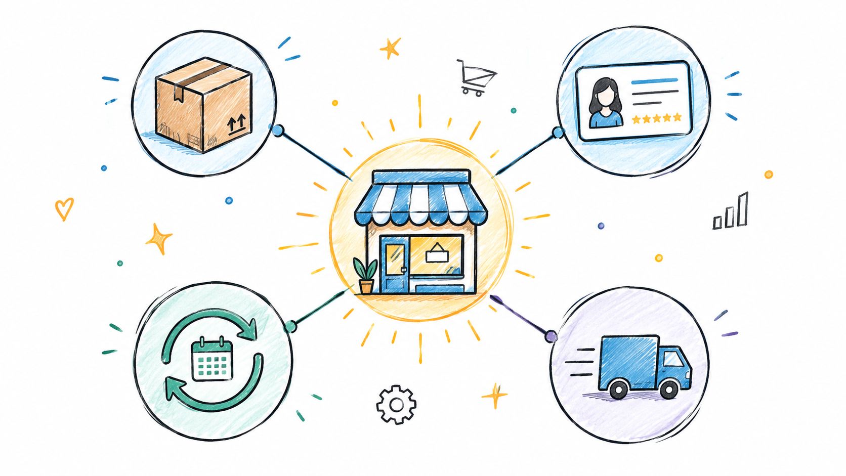 A hand-drawn illustration depicting a central shop icon connected to shipping, reviews, scheduling, and delivery services.