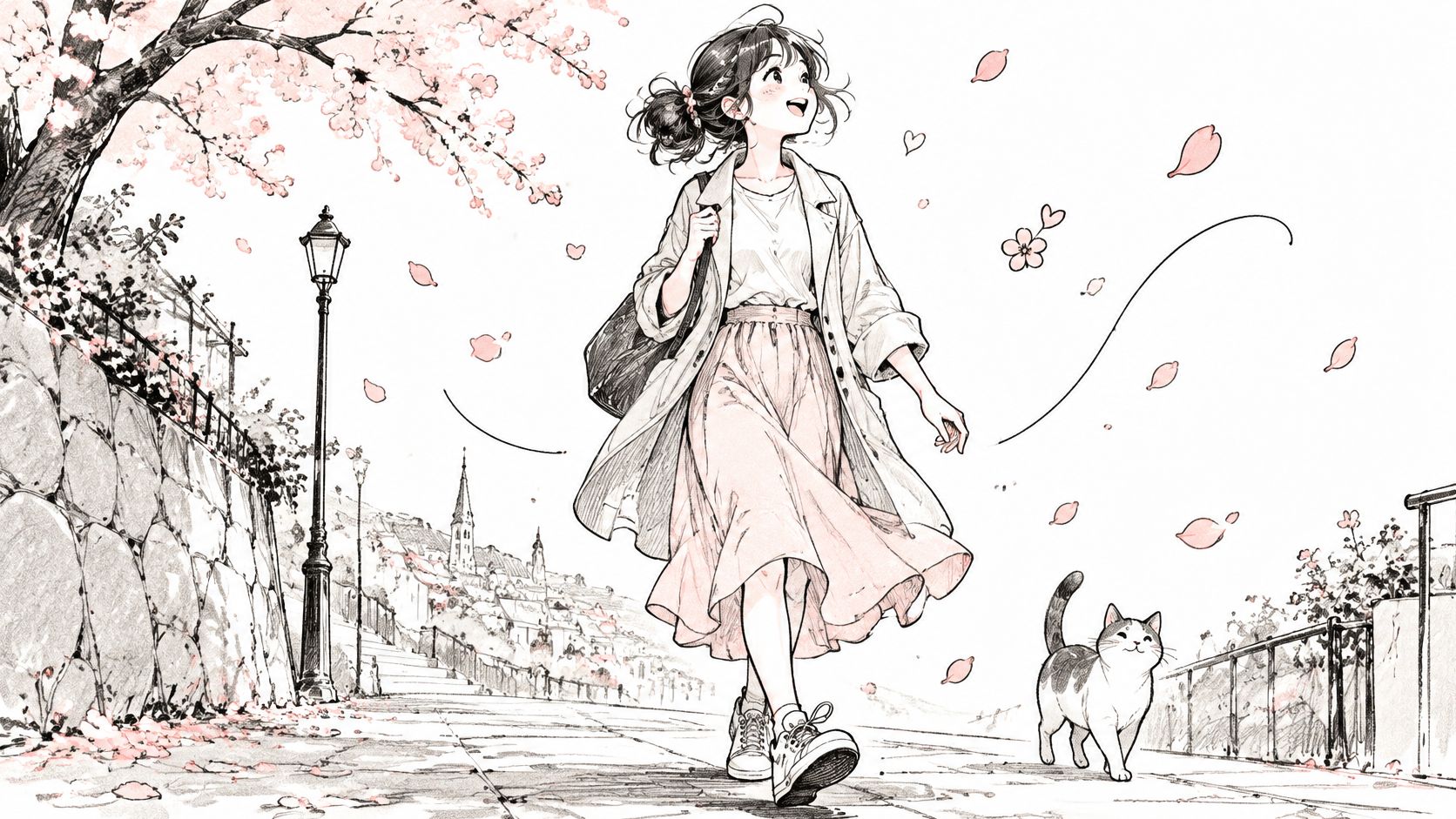 A joyful young woman walking down a scenic path with a cat as cherry blossom petals fall
