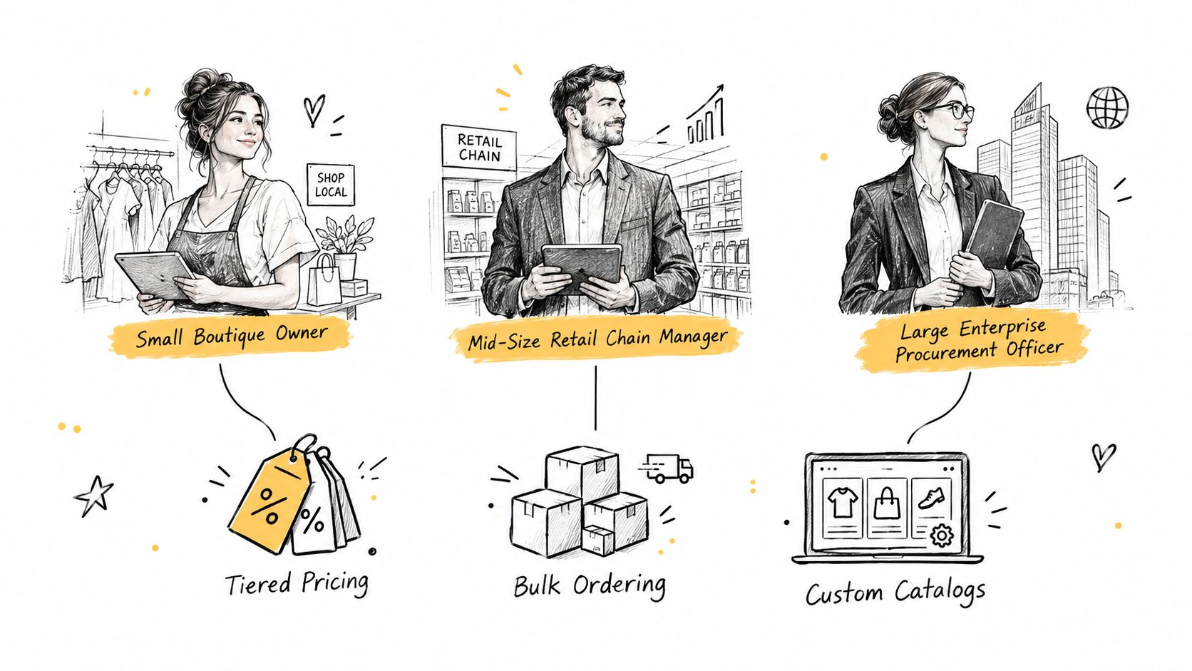 An illustration showing three different business personas connected to their specific wholesale ecommerce platform features.