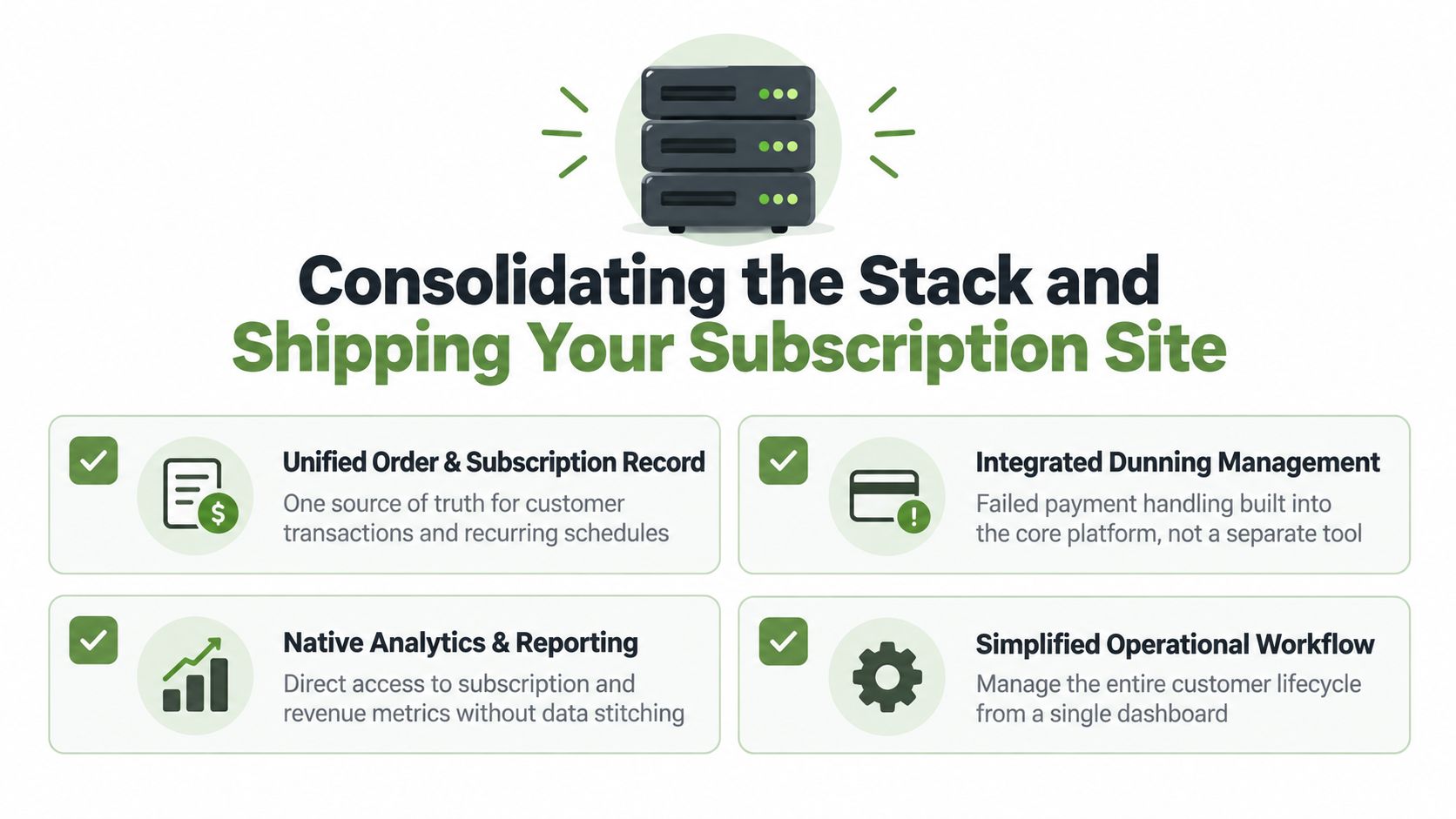 An infographic showing the benefits of consolidating subscription service tools into a single platform for efficiency.