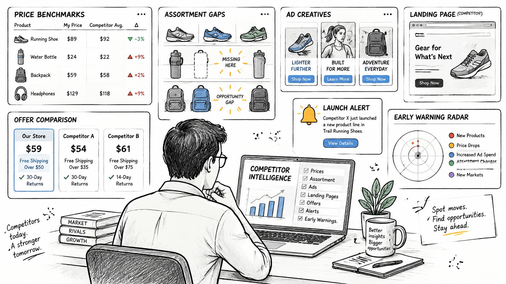 A professional analyzing competitor intelligence data on a laptop, displayed with charts, graphs, and market insight metrics.