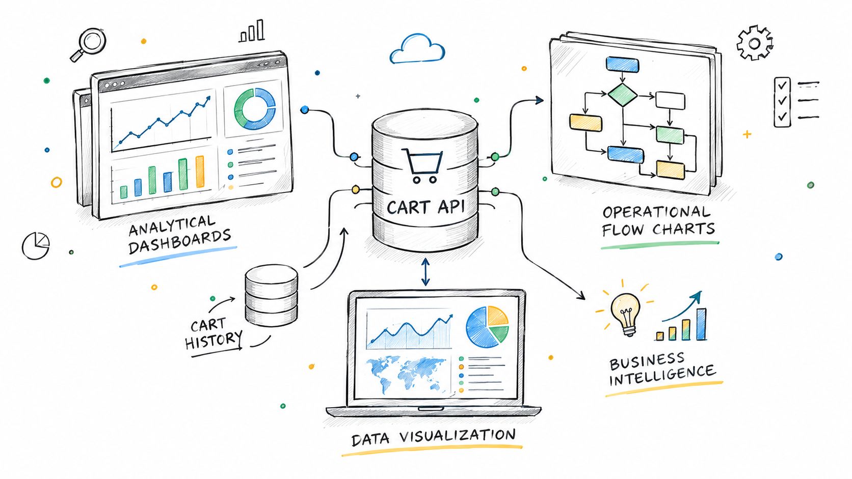 A hand-drawn illustration showing the Cart API connecting to analytics, operational workflows, and business intelligence systems.