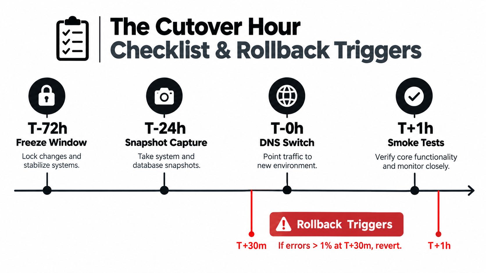 A timeline graphic showing the cutover process for technical system migrations with key stages and rollback triggers.