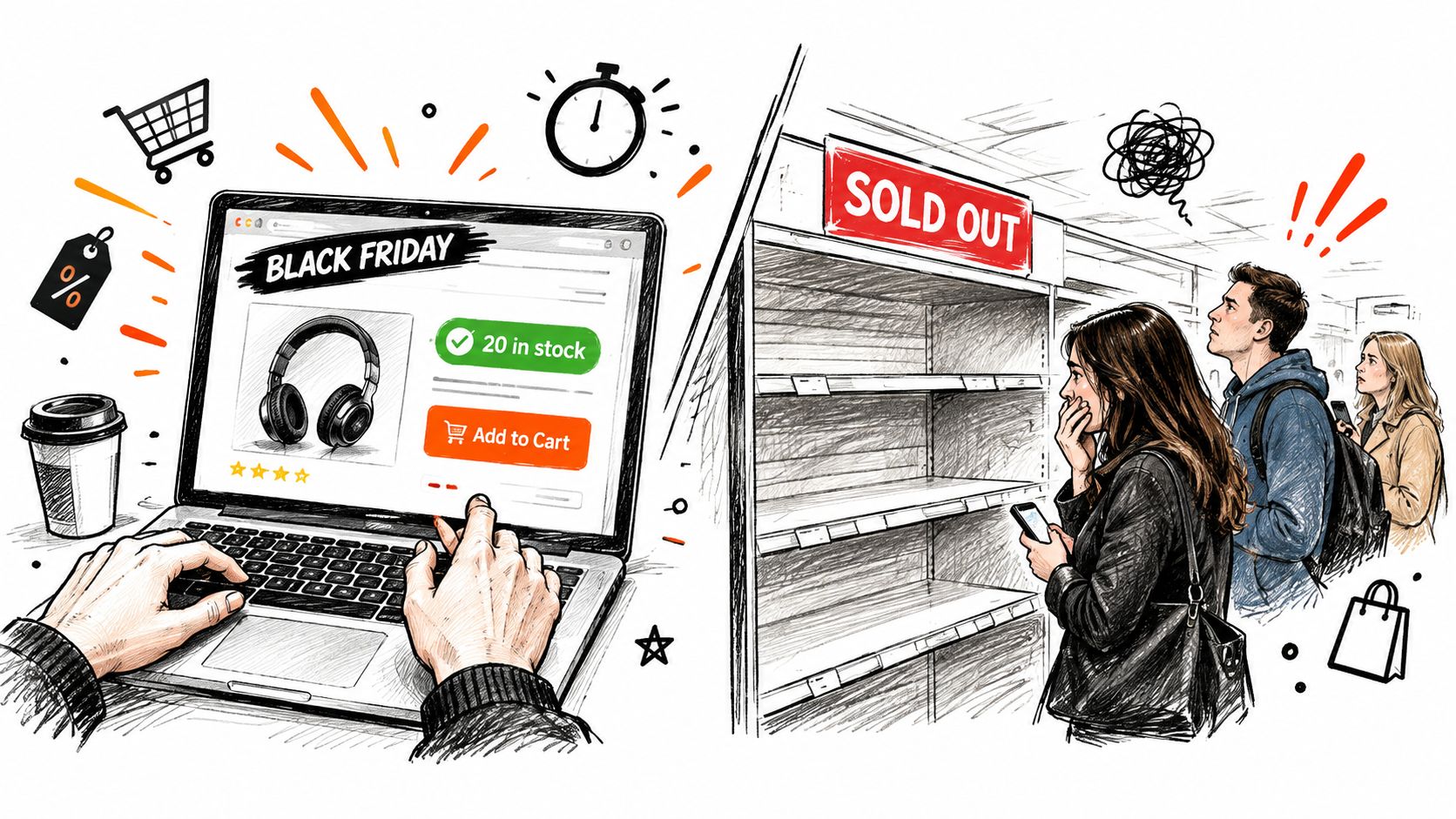 A split illustration comparing online Black Friday shopping with in-store physical shopping showing sold out shelves.