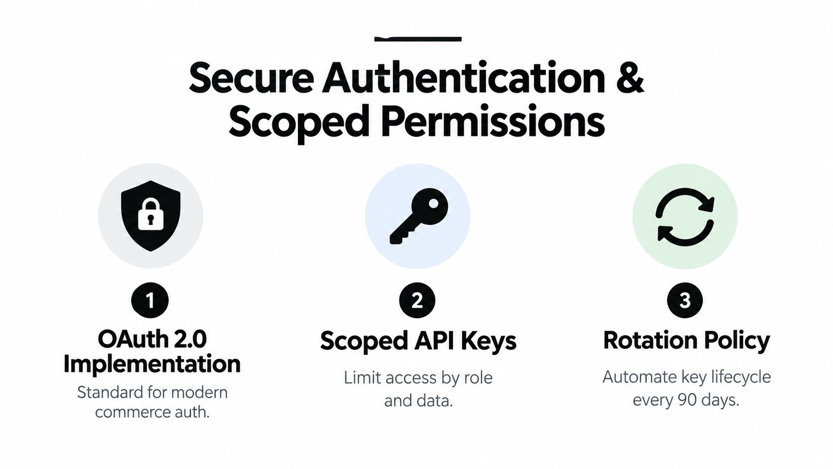 A diagram illustrating secure authentication and scoped permissions featuring OAuth 2.0, API keys, and rotation policy.