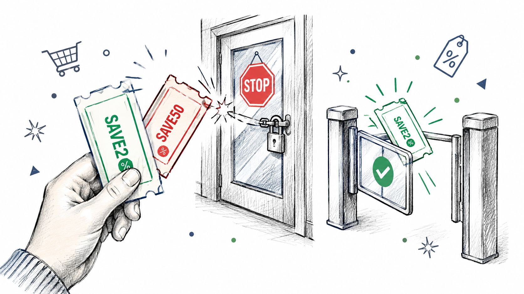 A hand holding a valid discount ticket bypassing a locked door while a blocked ticket is rejected.