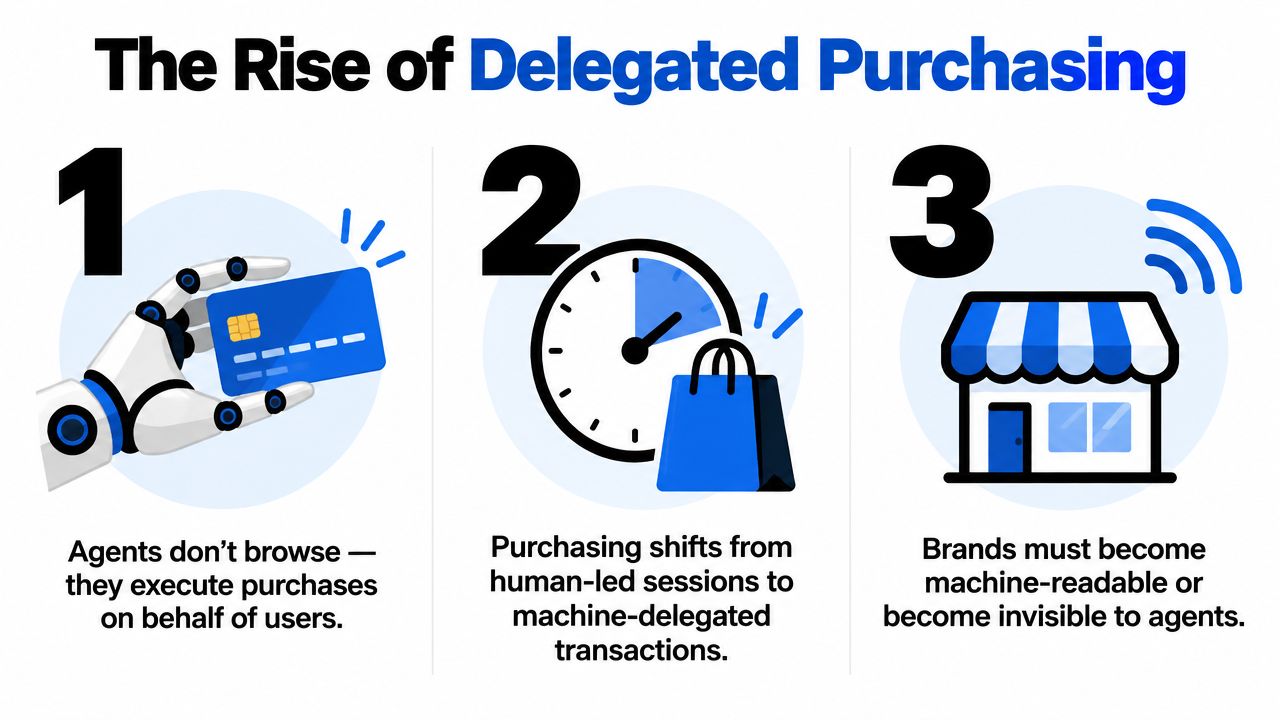 A three-step infographic explaining the rise of delegated purchasing and the role of autonomous commerce agents.