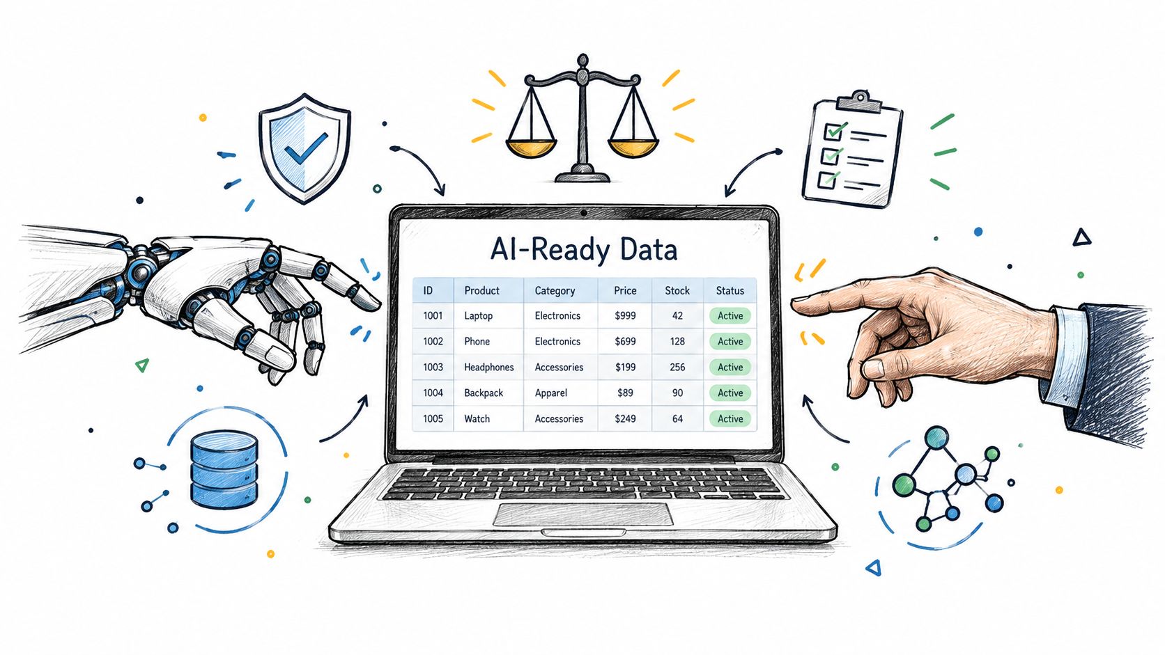 A digital illustration showing a robot hand and a human hand interacting with AI-ready business data.