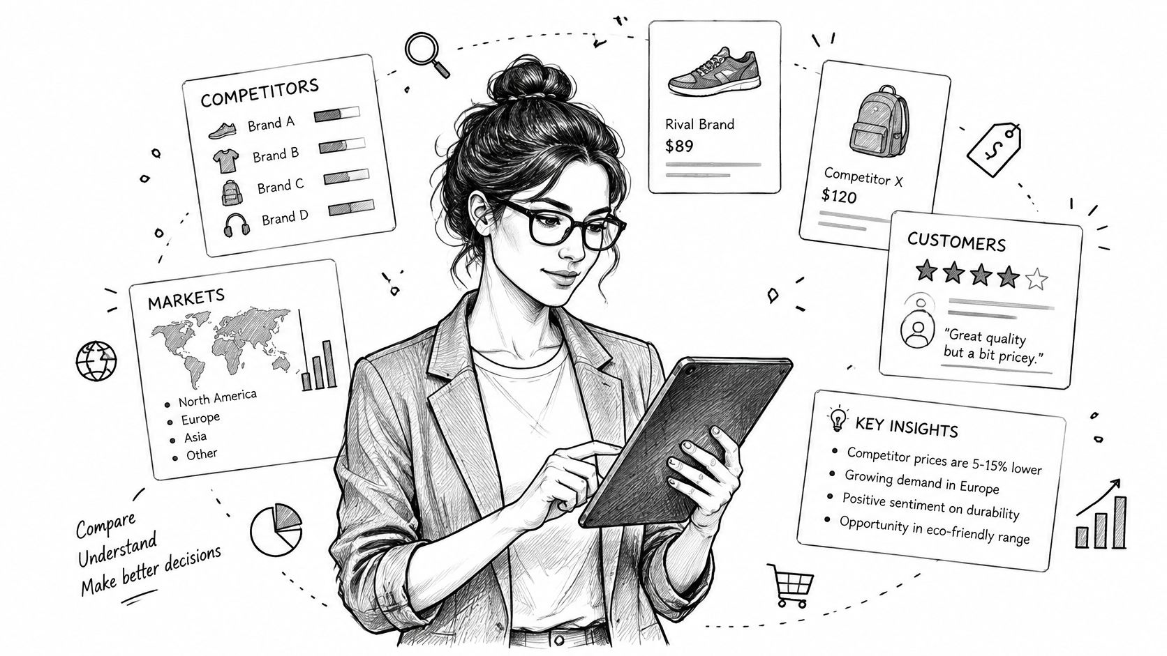 A professional woman analyzing market data, competitor pricing, and customer feedback on a digital tablet screen.