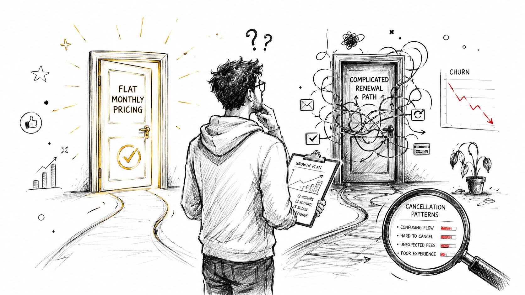 A person standing before two doors comparing clear flat monthly pricing versus a complex subscription renewal path.