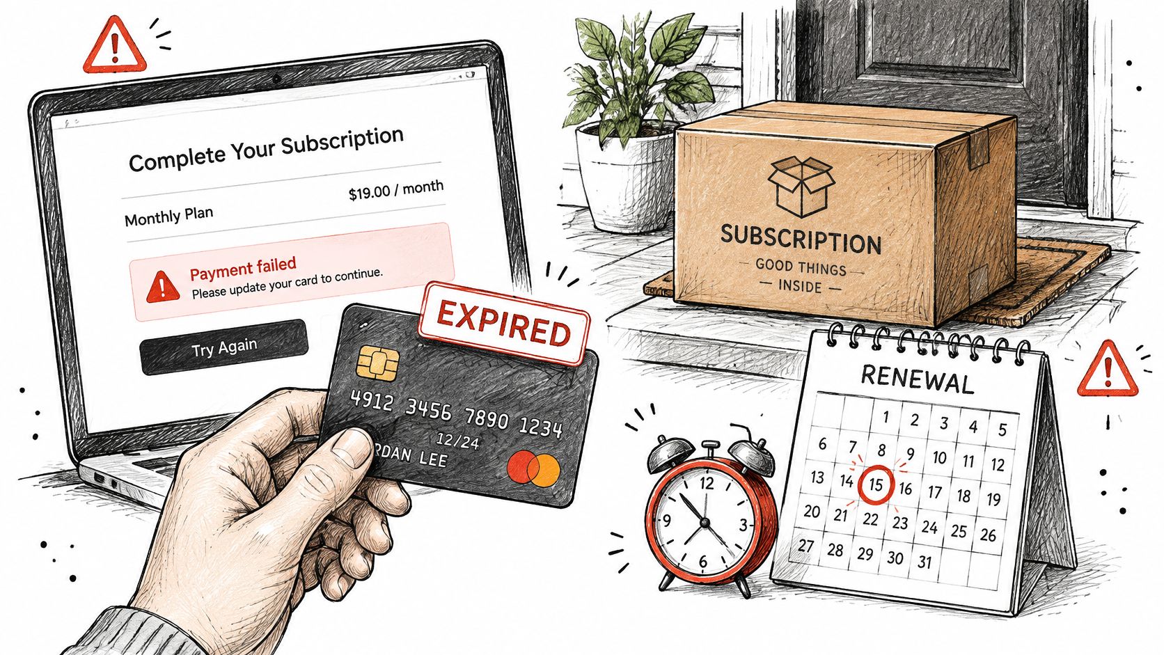 A hand holding an expired credit card next to a laptop displaying a payment failed subscription notification.