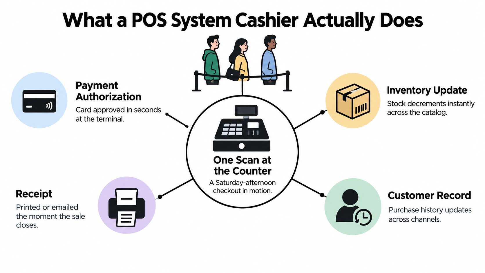 An infographic showing that a POS system manages payment authorization, inventory updates, receipts, and customer records simultaneously.