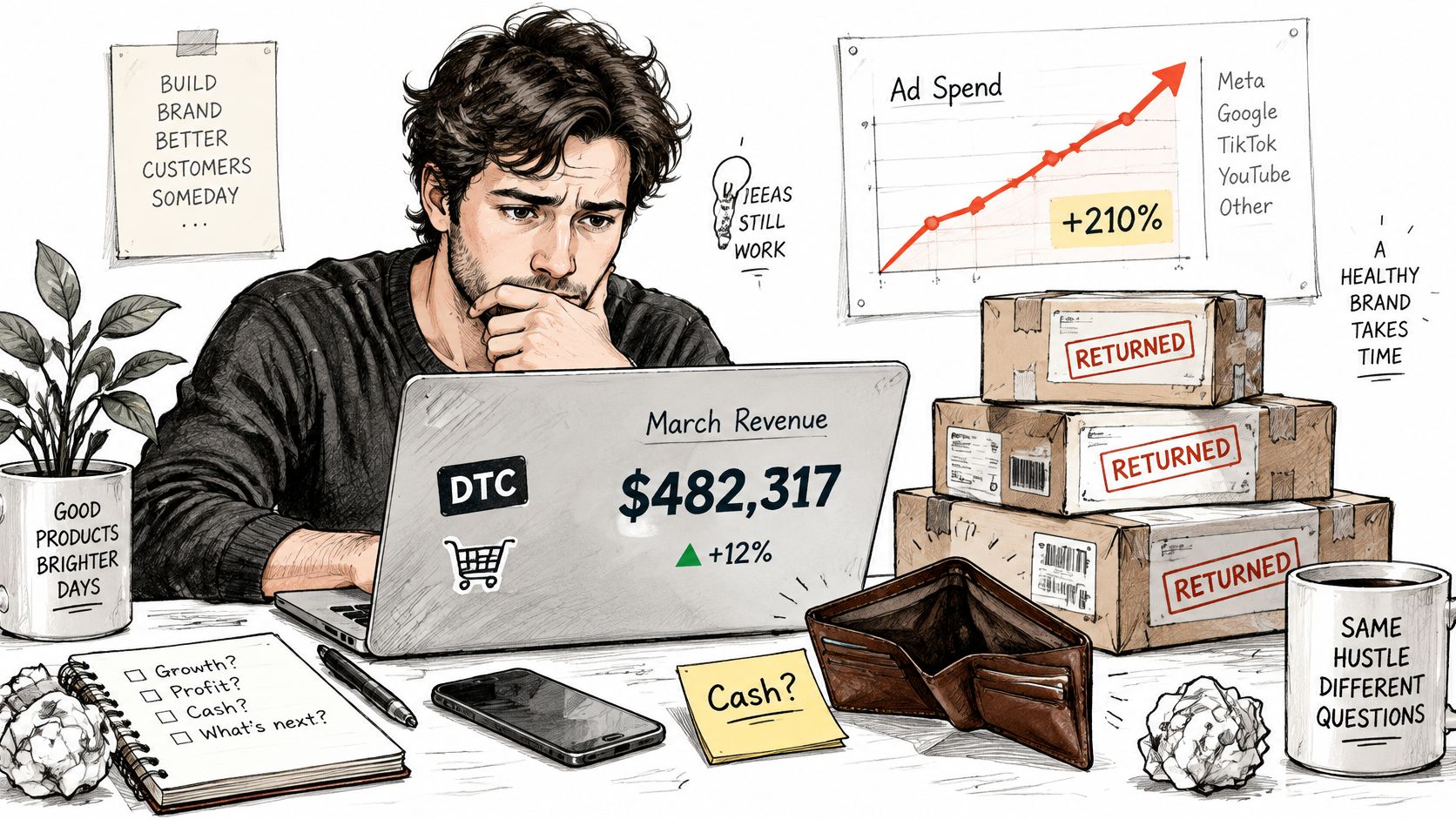 A concerned entrepreneur reviews ecommerce dashboard data while surrounded by product return packages and financial documents.