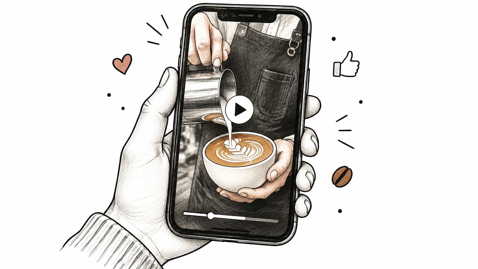 A hand holding a smartphone displaying a video of a barista pouring latte art in coffee.