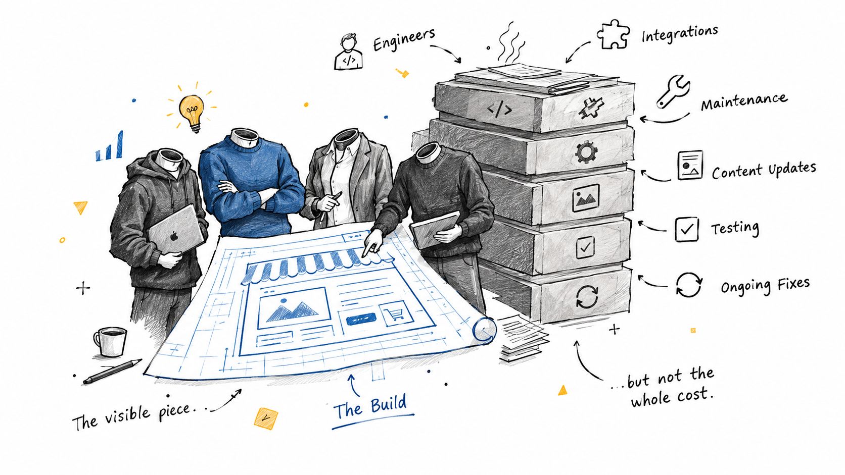 A team of headless characters collaborating on a digital blueprint for a website build with ongoing maintenance tasks.