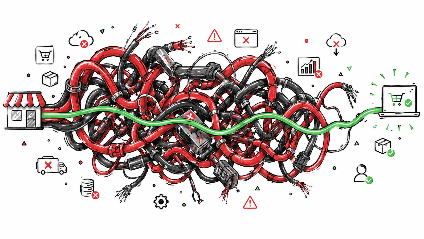 A complex tangle of red and black cables connecting a physical store to an online shopping laptop.