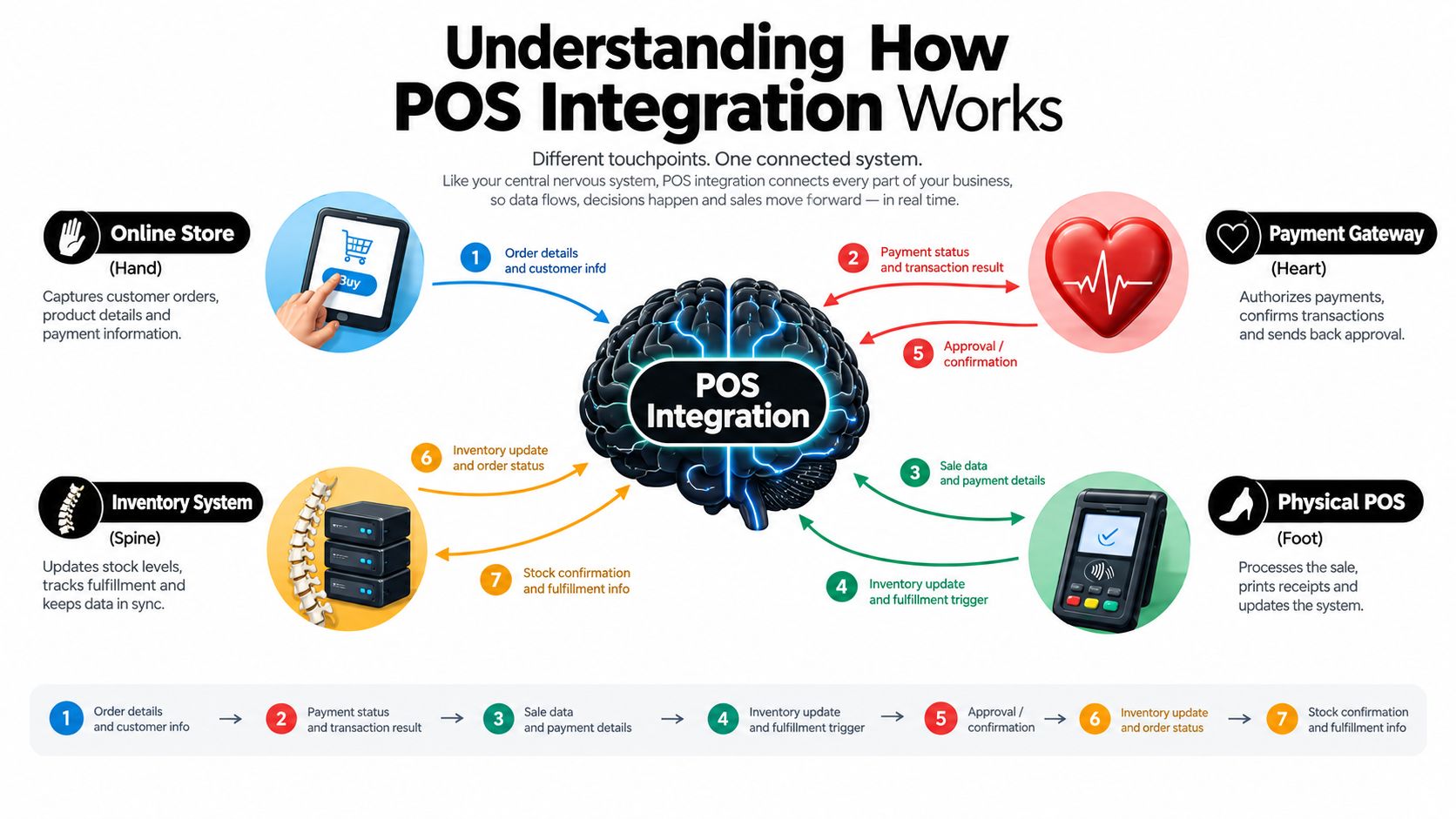 A diagram explaining POS integration with a central brain illustrating the flow of data between business systems.