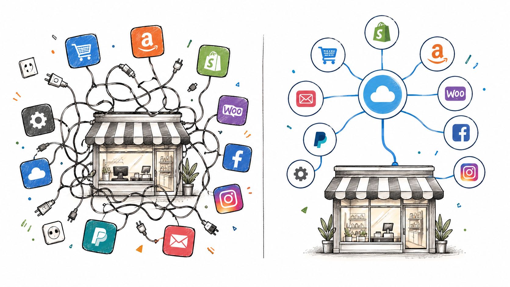 A comparison illustration showing disorganized cables connecting a store versus a streamlined cloud-based integration system.