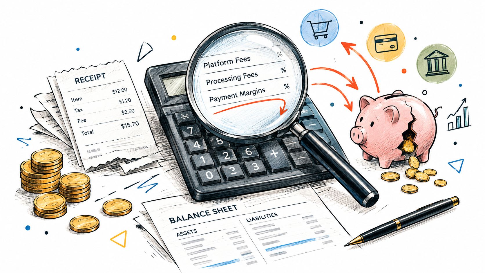 A magnifying glass examining financial fees over a calculator, receipt, and broken piggy bank symbolizing business costs.
