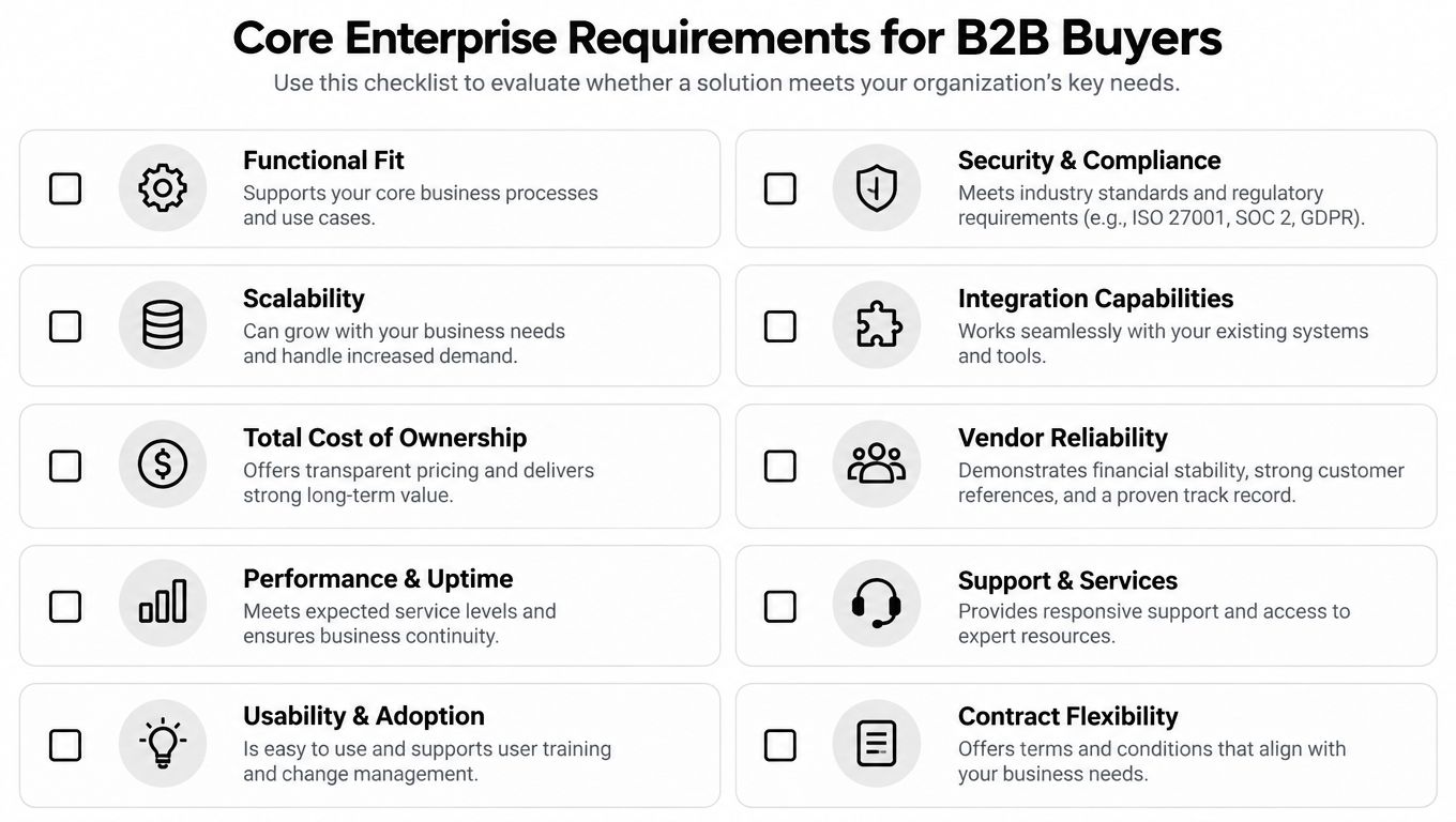 A checklist for B2B buyers outlining core enterprise requirements like security, scalability, and vendor reliability.