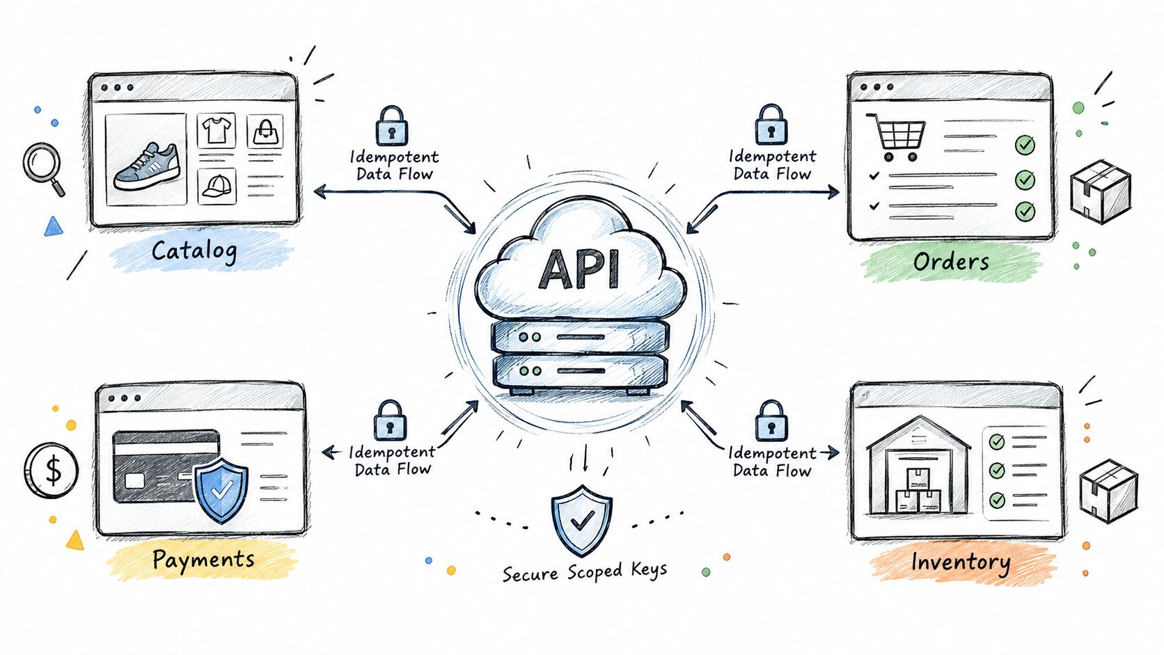 A diagram illustrating a central API connecting Catalog, Orders, Payments, and Inventory systems with secure data flows.