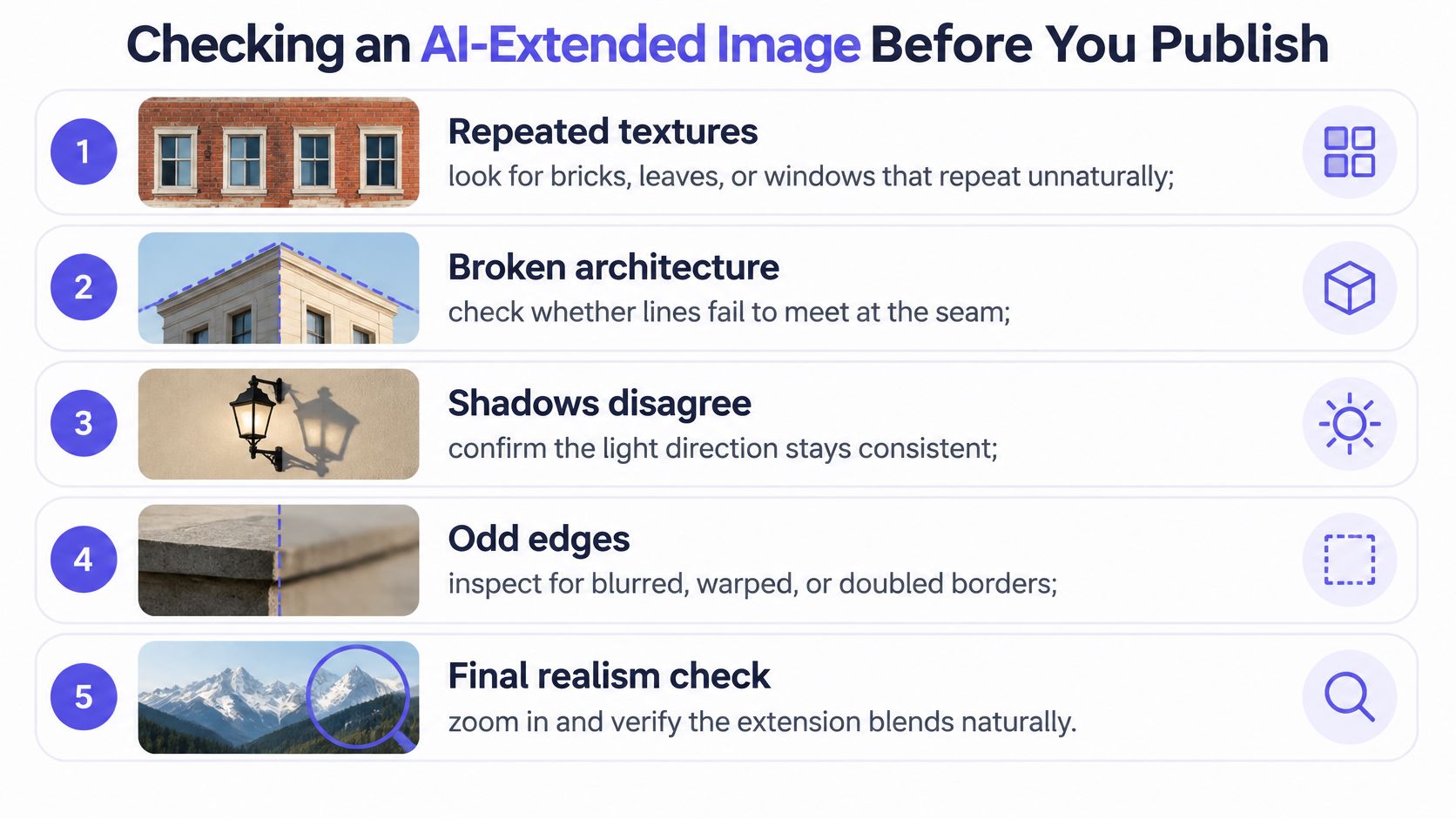 An infographic titled Checking an AI-Extended Image Before You Publish, listing five visual tips to identify AI artifacts.