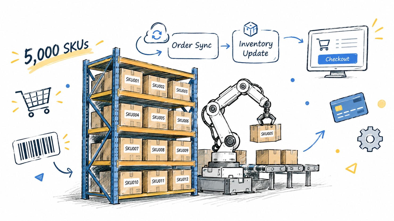 A hand-drawn illustration showing an automated warehouse system with robotic arms, inventory shelves, and e-commerce checkout software.
