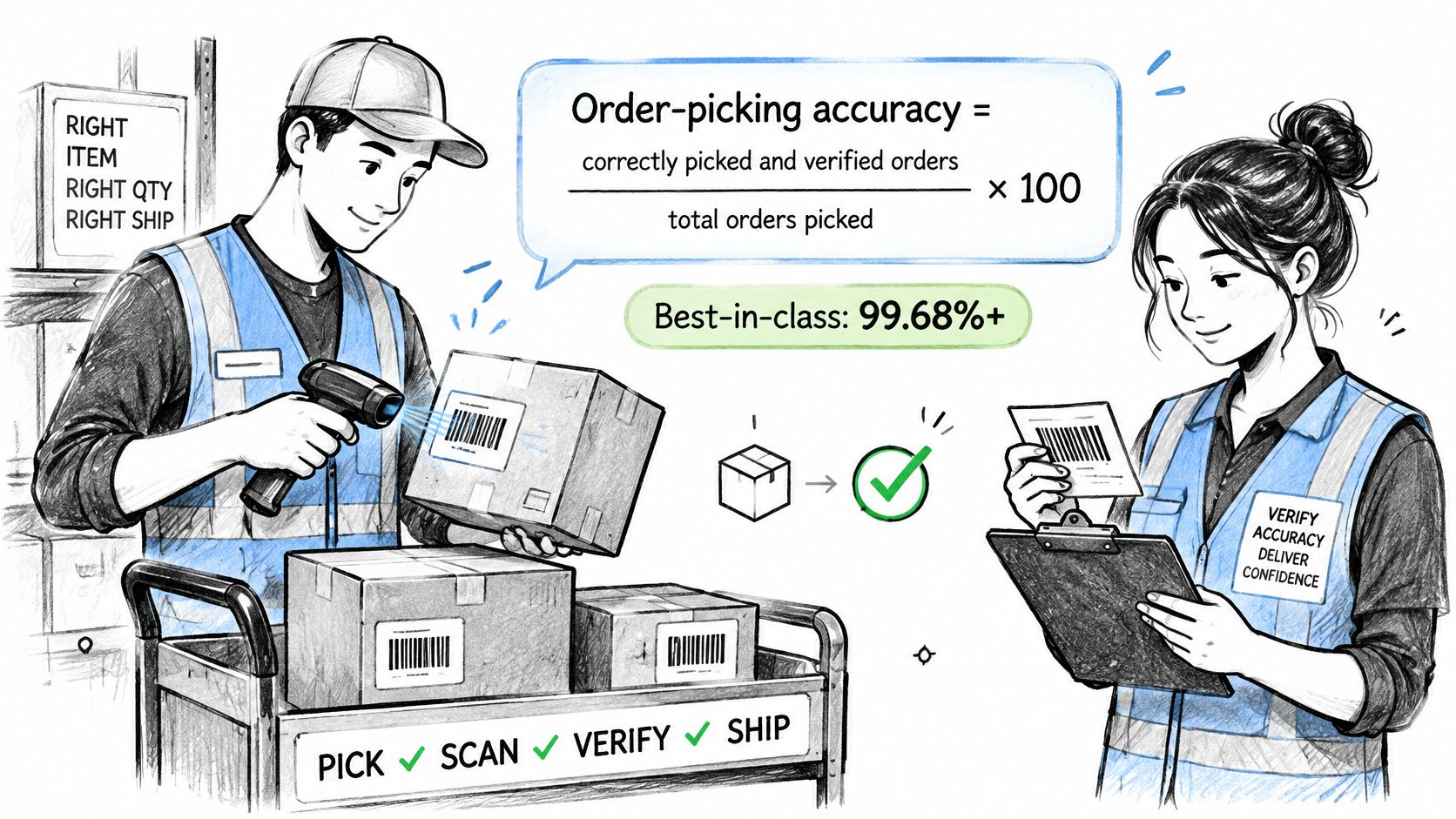Two warehouse workers efficiently packing and scanning boxes to ensure high order-picking accuracy and successful shipment delivery.