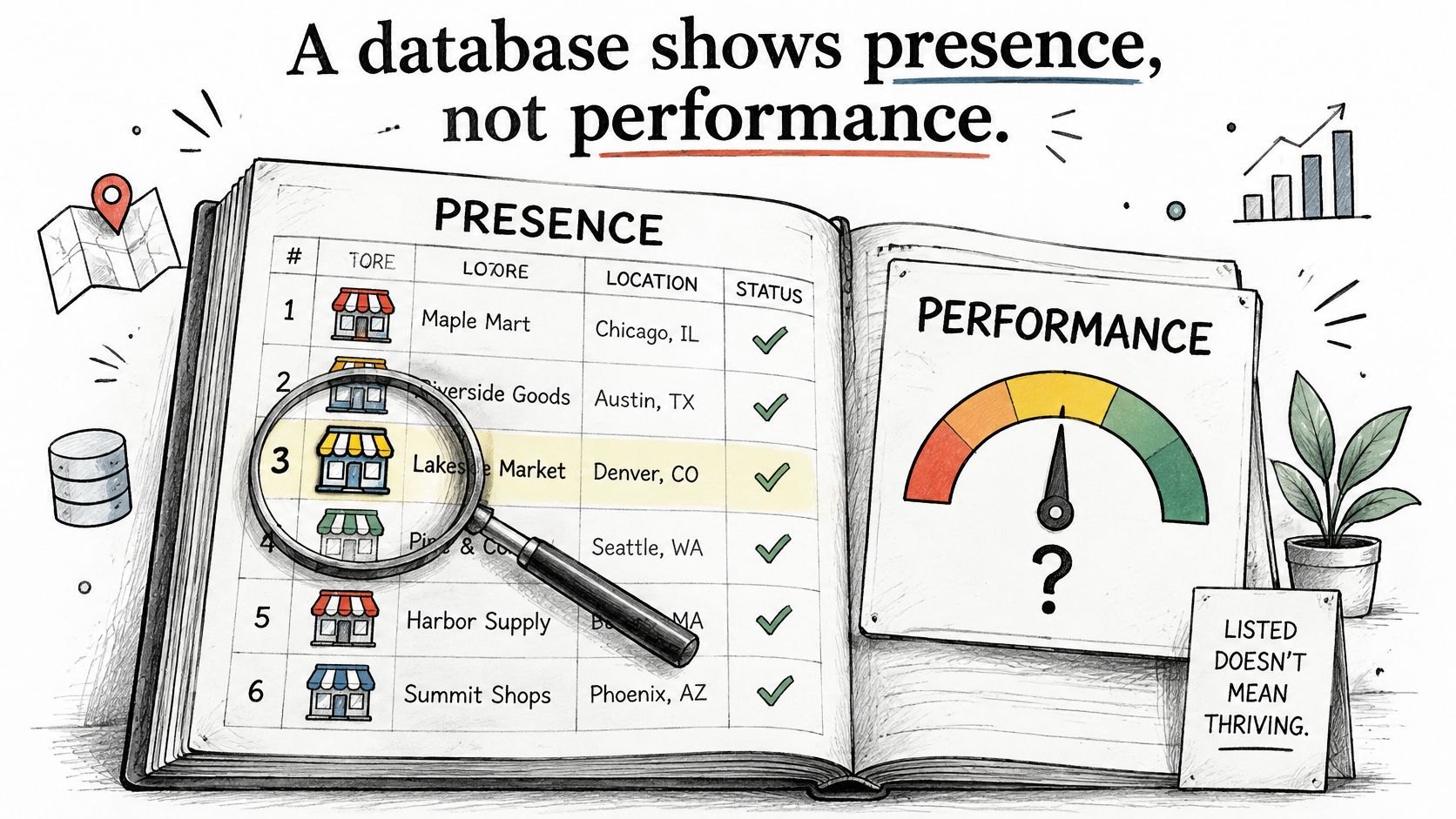 An open notebook showing a database of stores contrasted with a performance gauge and question mark.