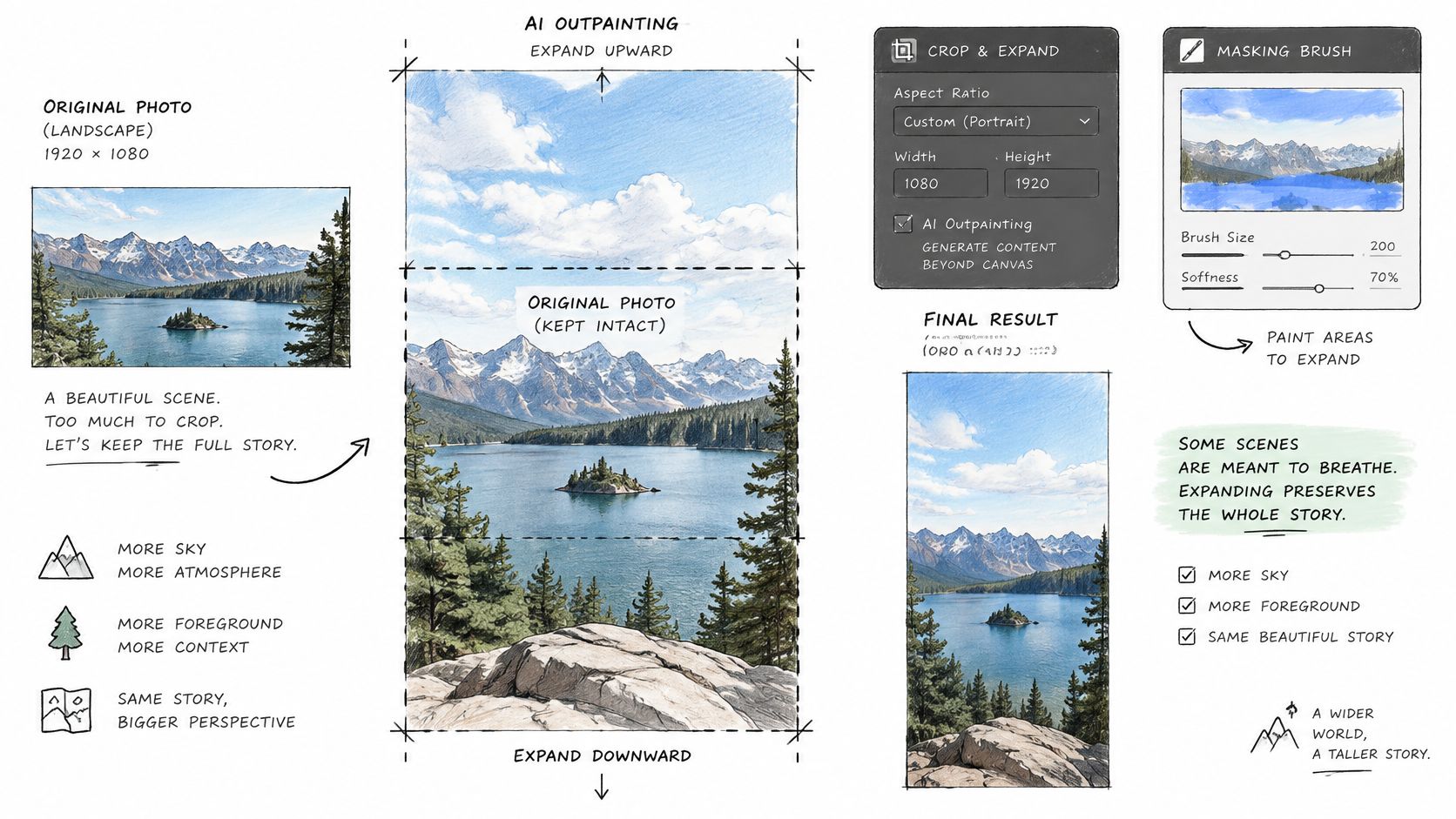 A diagram explaining how AI outpainting can transform a landscape photo into a portrait orientation while preserving detail.