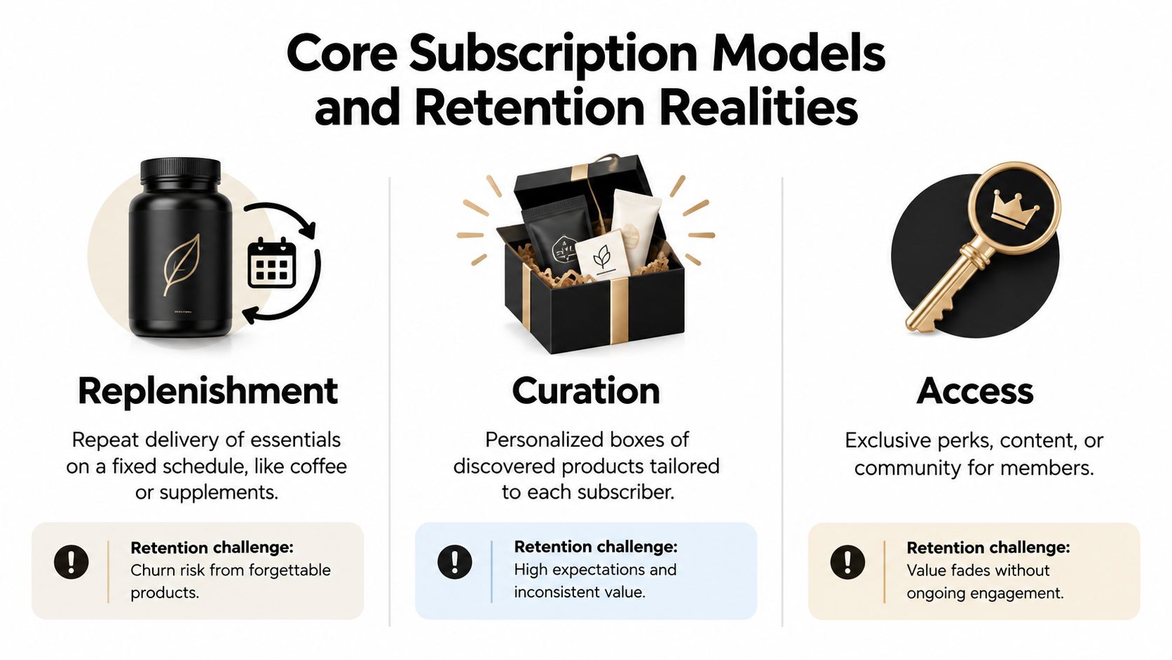 An infographic illustrating three core subscription models: replenishment, curation, and access, with their associated retention challenges.
