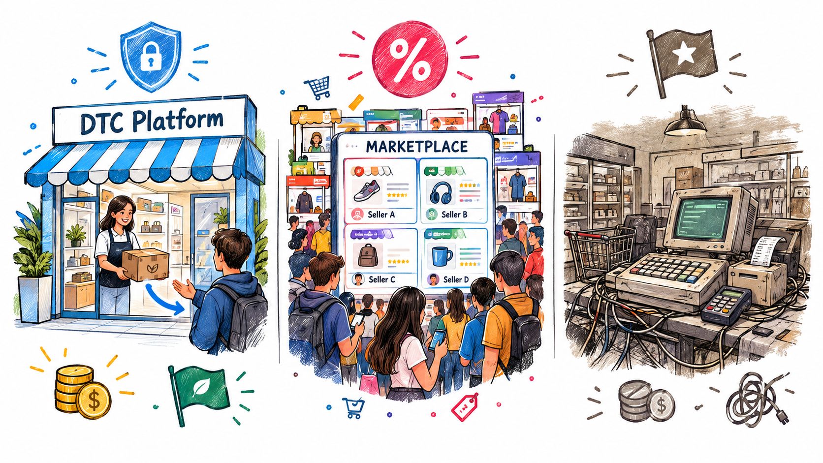 An illustration comparing a secure direct to consumer platform, a busy online marketplace, and old-fashioned retail systems.
