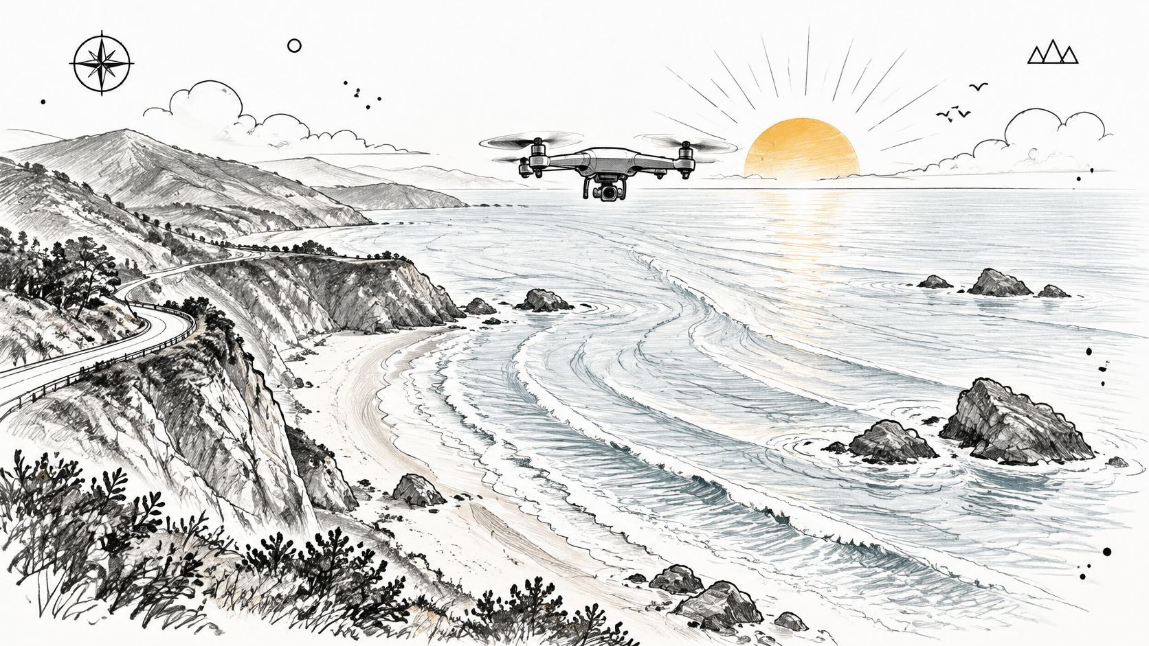 A scenic sketch illustration of a drone flying over a beautiful coastal highway and sandy beach at sunset.