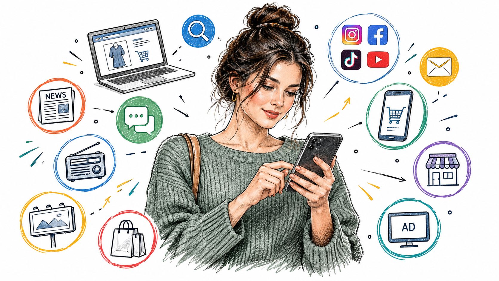 A woman using her smartphone surrounded by various icons representing modern media and e-commerce marketing channels.