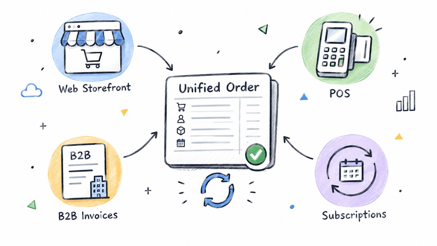 A hand-drawn diagram illustrating four sales channels consolidating into a single Unified Order management system.