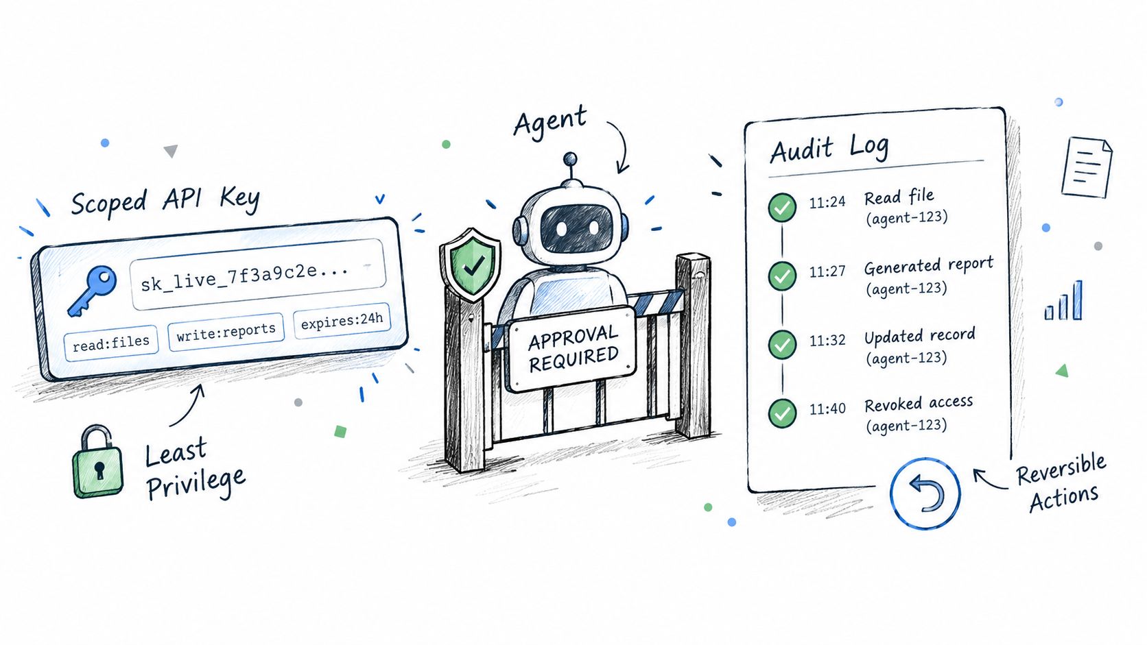 A hand-drawn illustration showing security features for AI agents including scoped API keys and audit logs.