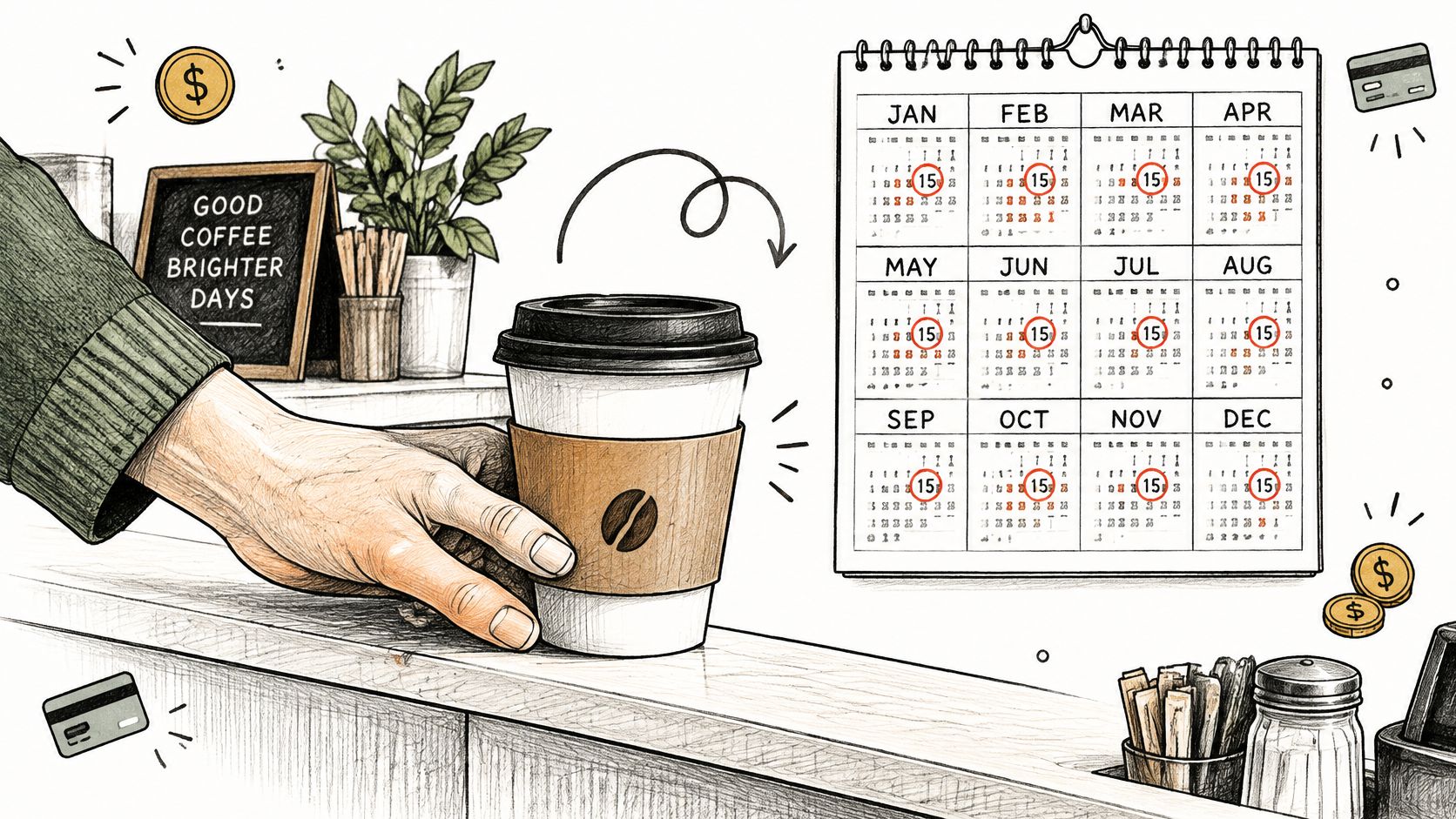 A hand placing a coffee cup on a counter next to a calendar highlighting monthly dates.