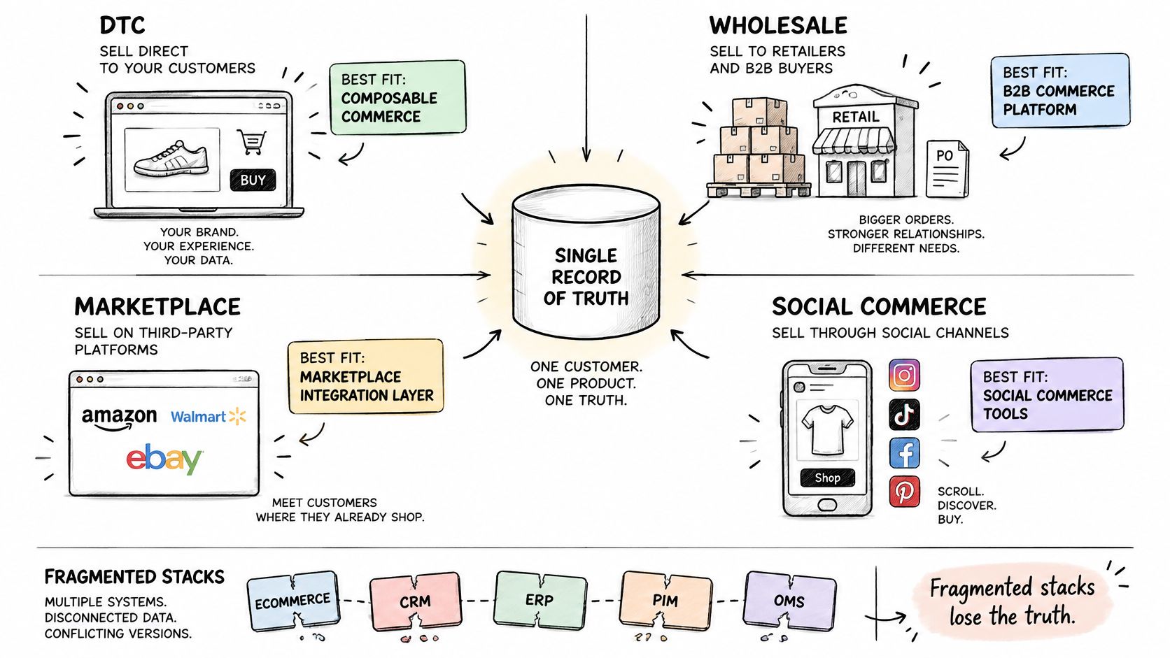 A diagram illustrating a central single record of truth connected to four diverse commerce channels and fragmented software systems.