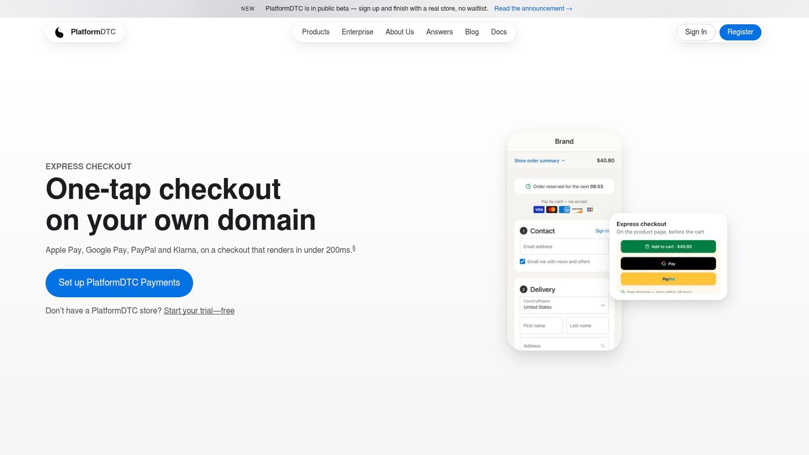 DTC Pay, one-tap checkout on your own domain