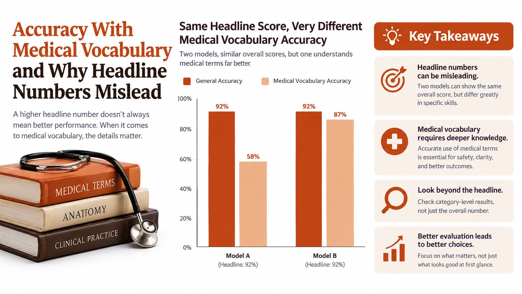 A chart comparing two AI models showing similar headline scores but different medical vocabulary accuracy levels.