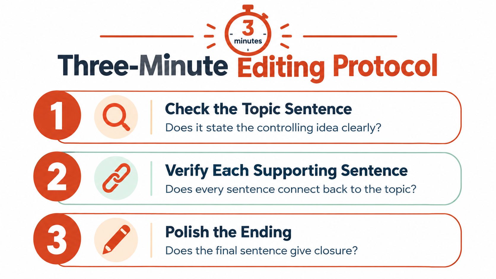 An infographic illustrating a three-minute editing protocol for writing with three numbered steps for refining paragraphs.