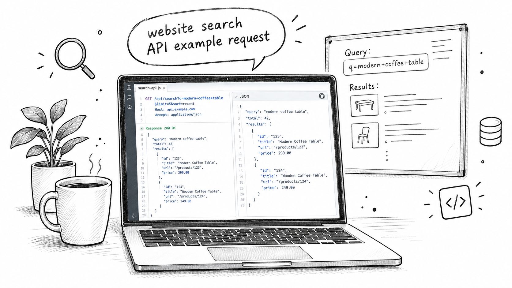 A hand-drawn illustration showing a laptop displaying website search API request code and JSON results.