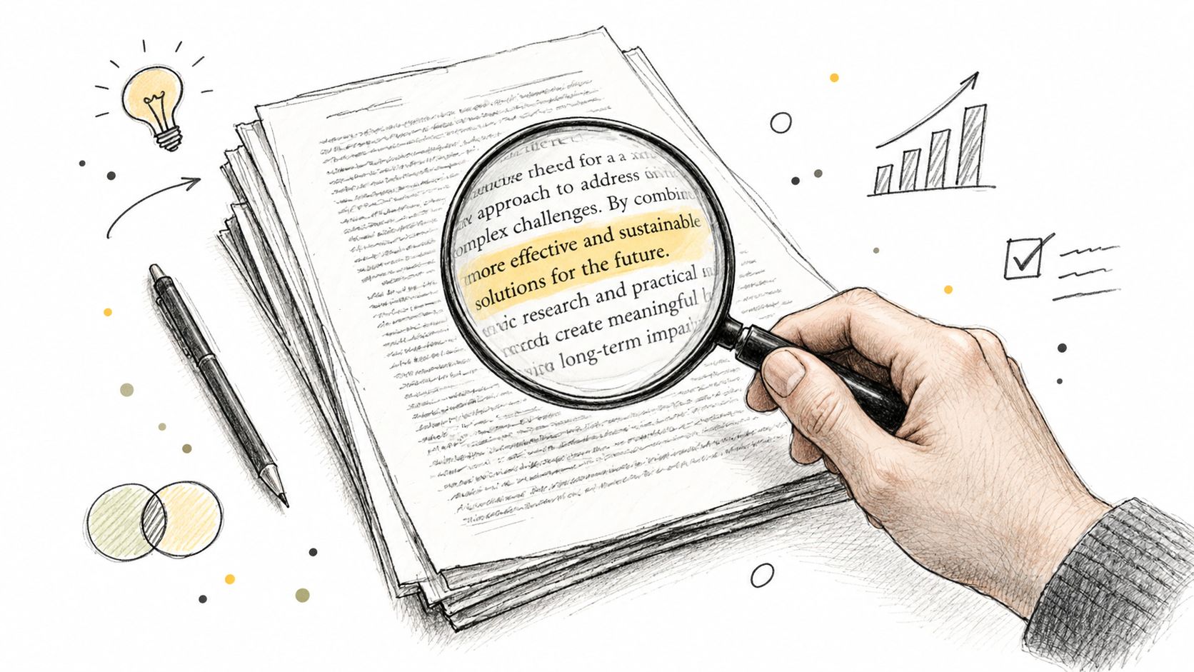 A hand holding a magnifying glass over a document to highlight sustainable solutions for the future text.