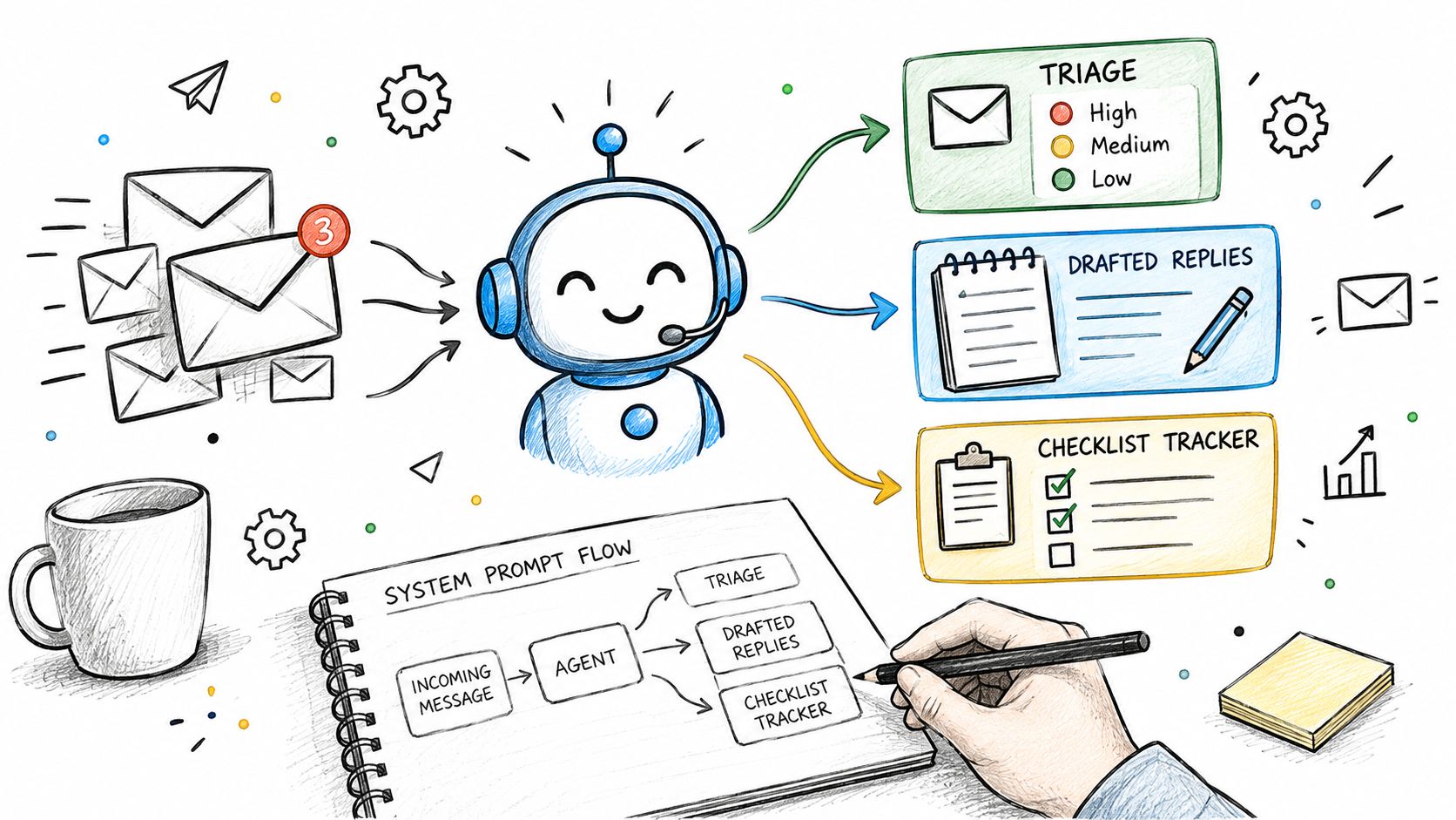 A hand-drawn illustration showing an AI agent processing incoming emails into triage, drafted replies, and checklists.
